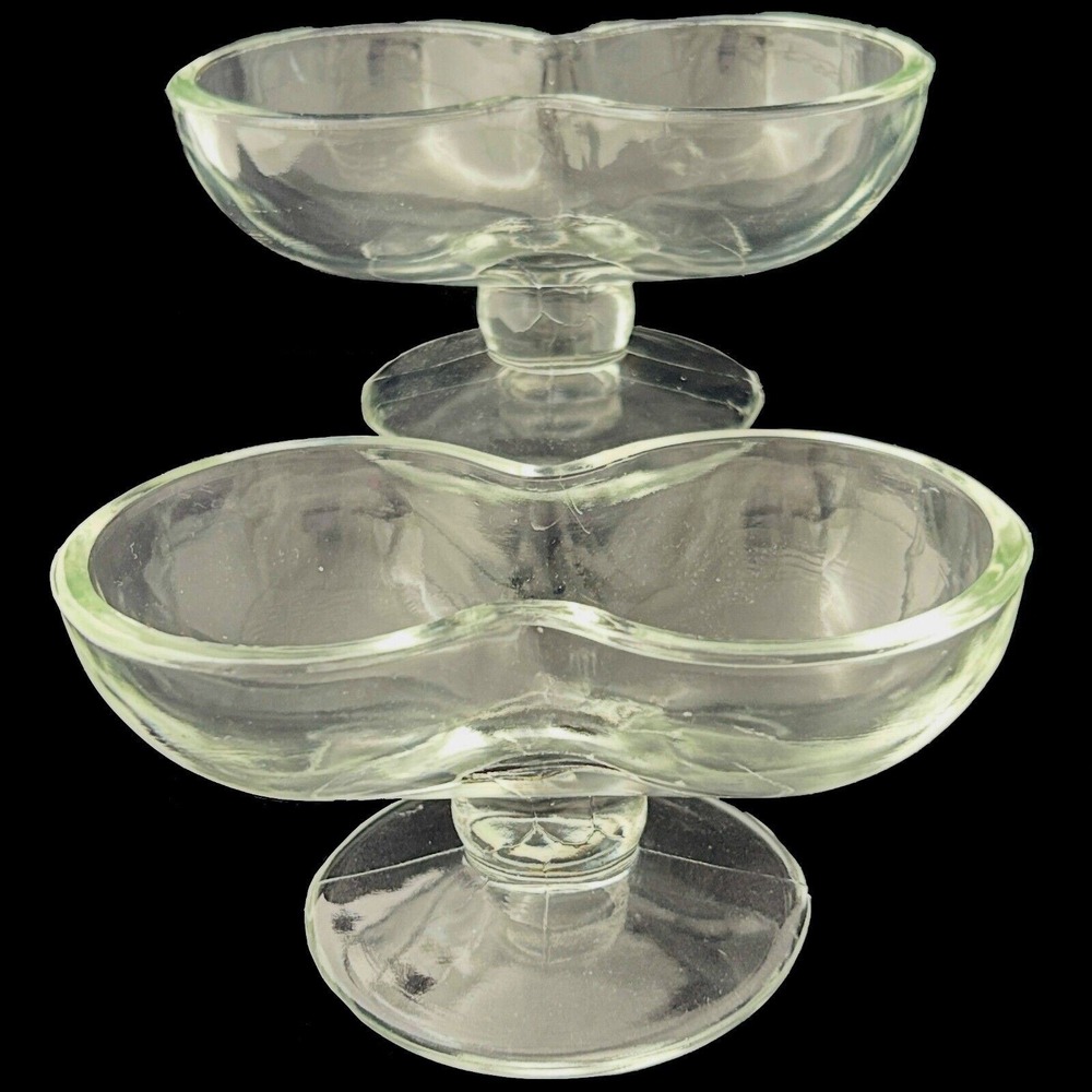 Vintage Double Scoop Pedestal Ice Cream Dish Clear Glass Set of 2
